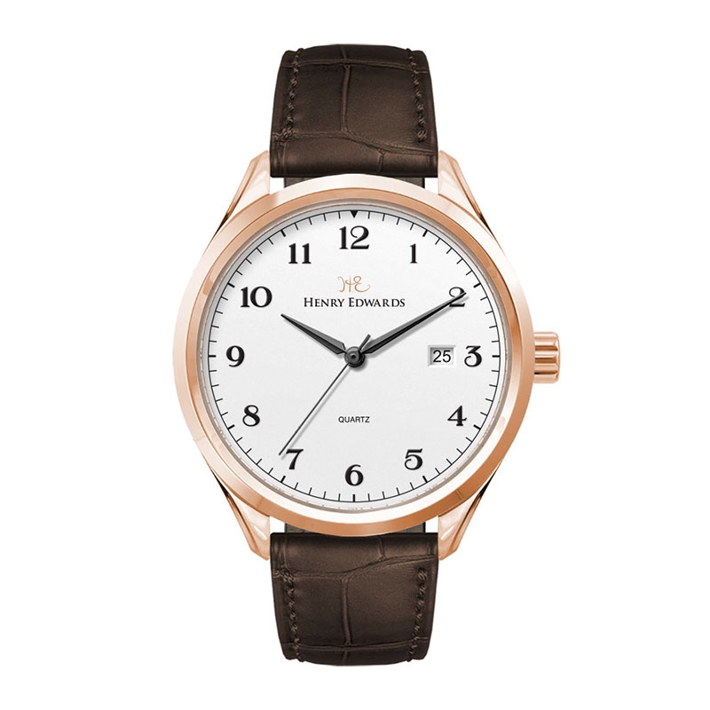 Watch Creations 42MM, 3 HAND WITH DATE, ROSE GOLD PLATED STEEL CASE, WHITE DIAL, BROWN CROCO BACK GRAIN LEATHER