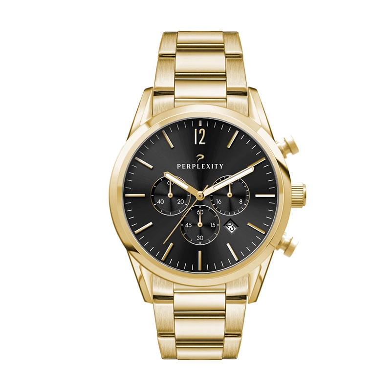Watch Creations 42MM, 3 HAND, GOLD PLATED STEEL CASE, SUNRAY BLACK DIAL, GOLD PLATED WRAPPED EDGE STEEL BAND