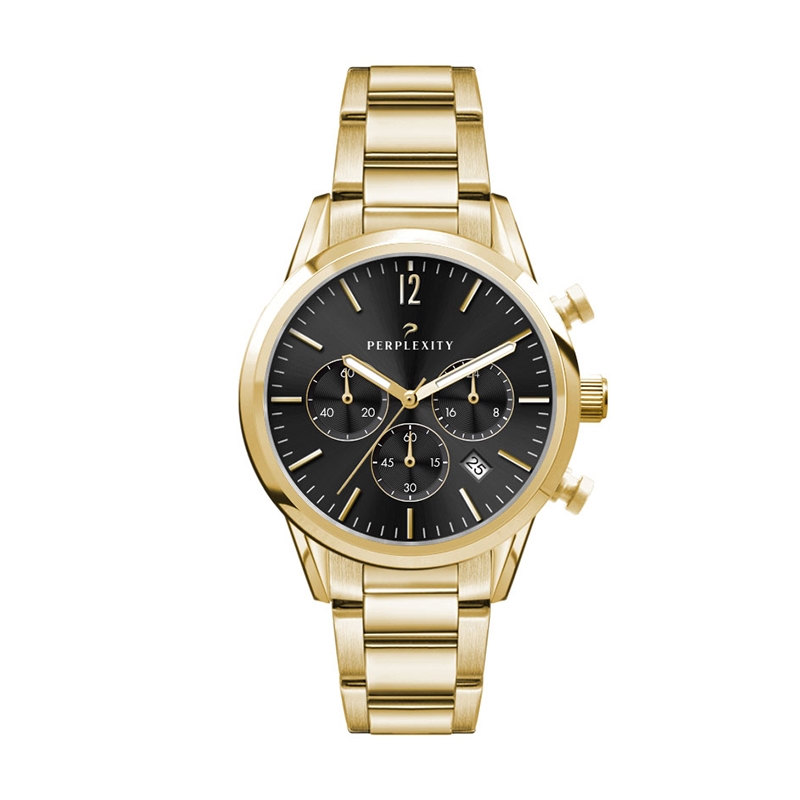 Watch Creations 34MM, 3 HAND, GOLD PLATED STEEL CASE, SUNRAY BLACK DIAL, GOLD PLATED WRAPPED EDGE STEEL BAND