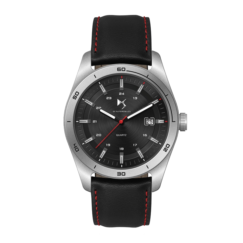 Watch Creations 42MM STEEL MATTE SILVER CASE, 3 HAND MVMT, BLACK DIAL, DTE DISPLAY, LEATHER STRAP, FLAT MINERAL CRYS