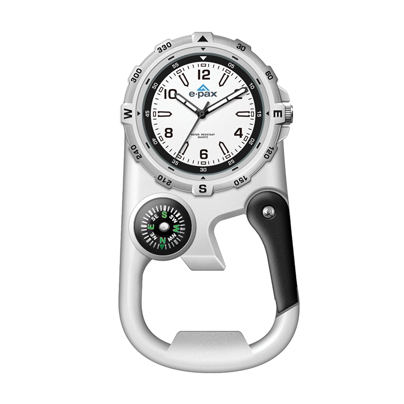 WC8227 41MM METAL MATTE SILVER POCKET WATCH, 3 HAND MVMT, WHITE DIAL, COMPASS, CARABINER