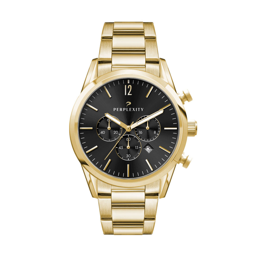 Watch Creations 42MM, 3 HAND, GOLD PLATED STEEL CASE, SUNRAY BLACK DIAL, GOLD PLATED WRAPPED EDGE STEEL BAND 5